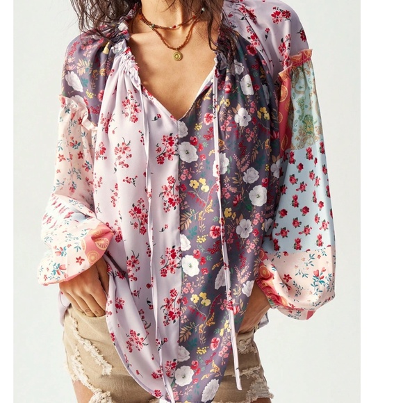 Boho Floral Print Patchwork Neck Tie Long Sleeve Blouse - Picture 4 of 7